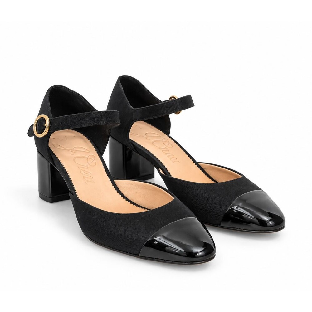 J.Crew Black Mary Jane Pumps Women 7 Patent Cap Toe Block Heel Preppy